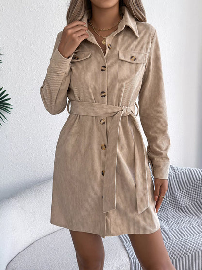 Corduroy Button-Down Shirt Dress - Khaki - View 3