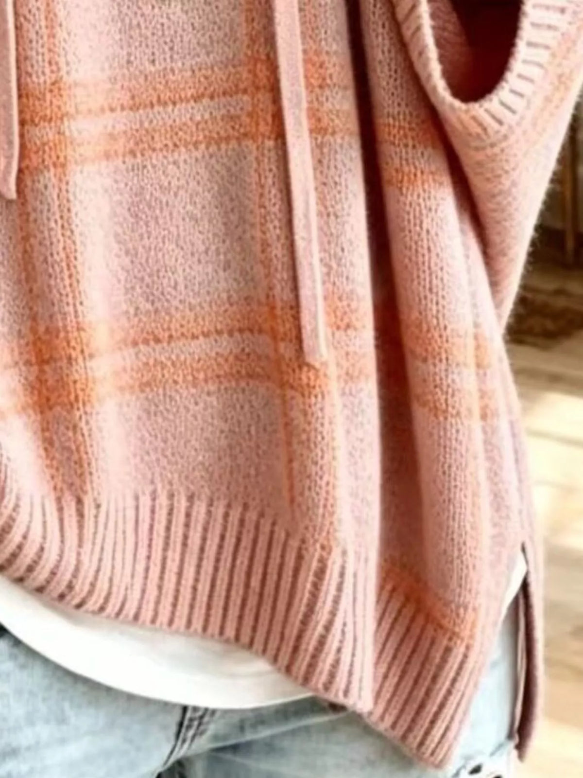 Full Size Drawstring Plaid Hooded Sweater Plus Size - Pink - View 2