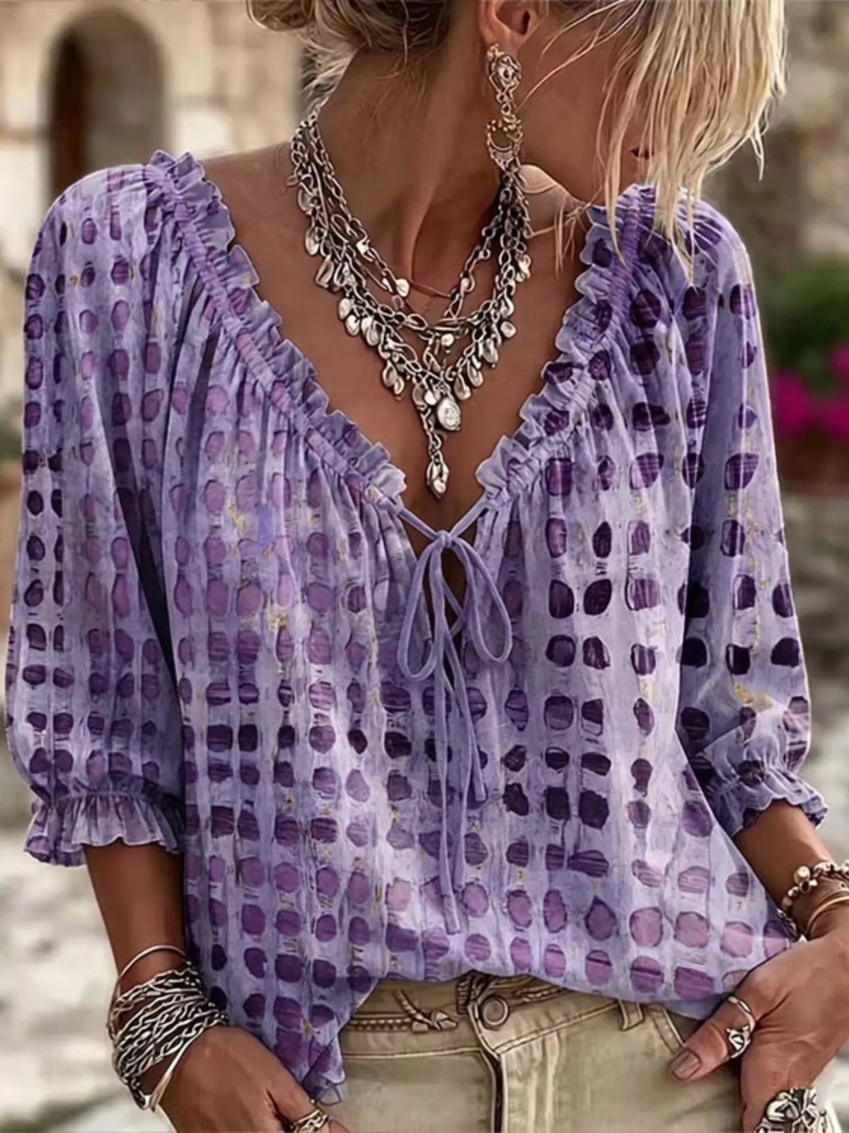Full Size Tie Neck 3/4 Sleeve Blouse Plus Size - Purple - View 9