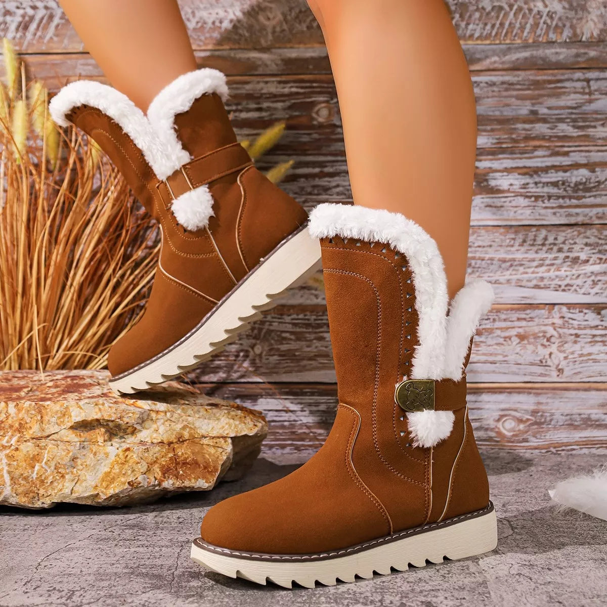 Round Toe Platform Boots - Brown - View 5
