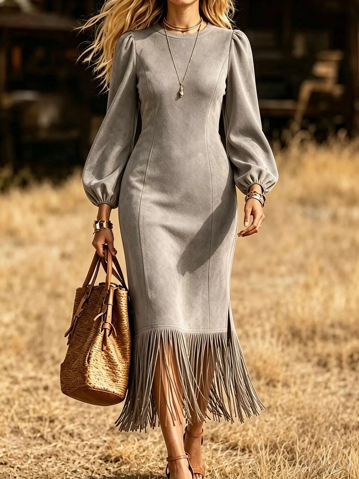 Fringe Hem Balloon Sleeve Midi Dress - Light Gray - View 6