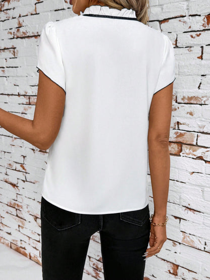 Tie Neck Short Sleeve Blouse - Gray/white - View 5
