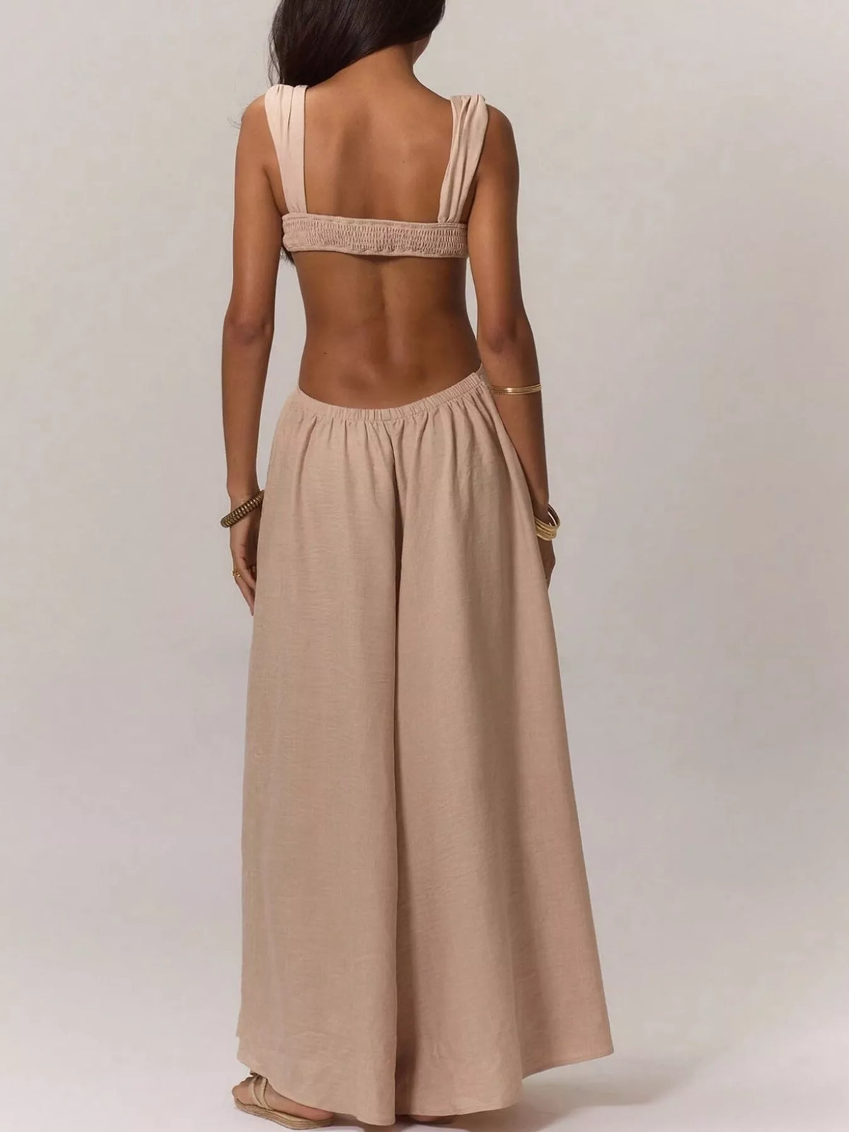 Backless Wide-Leg Jumpsuit with Cut-out Detail - Khaki - View 4