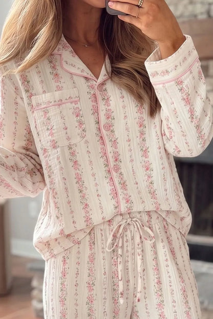 Floral Print Button-Down Top and Pants Loungewear Set - Blush Pink - View 3