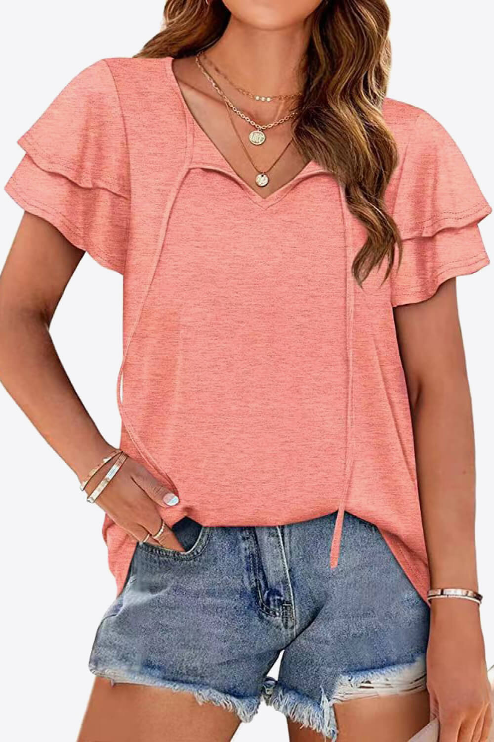 Tie-Neck Layered Flutter Sleeve Blouse - Peach - View 13