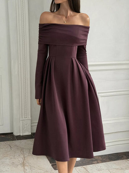 Off-Shoulder Long Sleeve Midi Dress - Coffee Brown - View 1