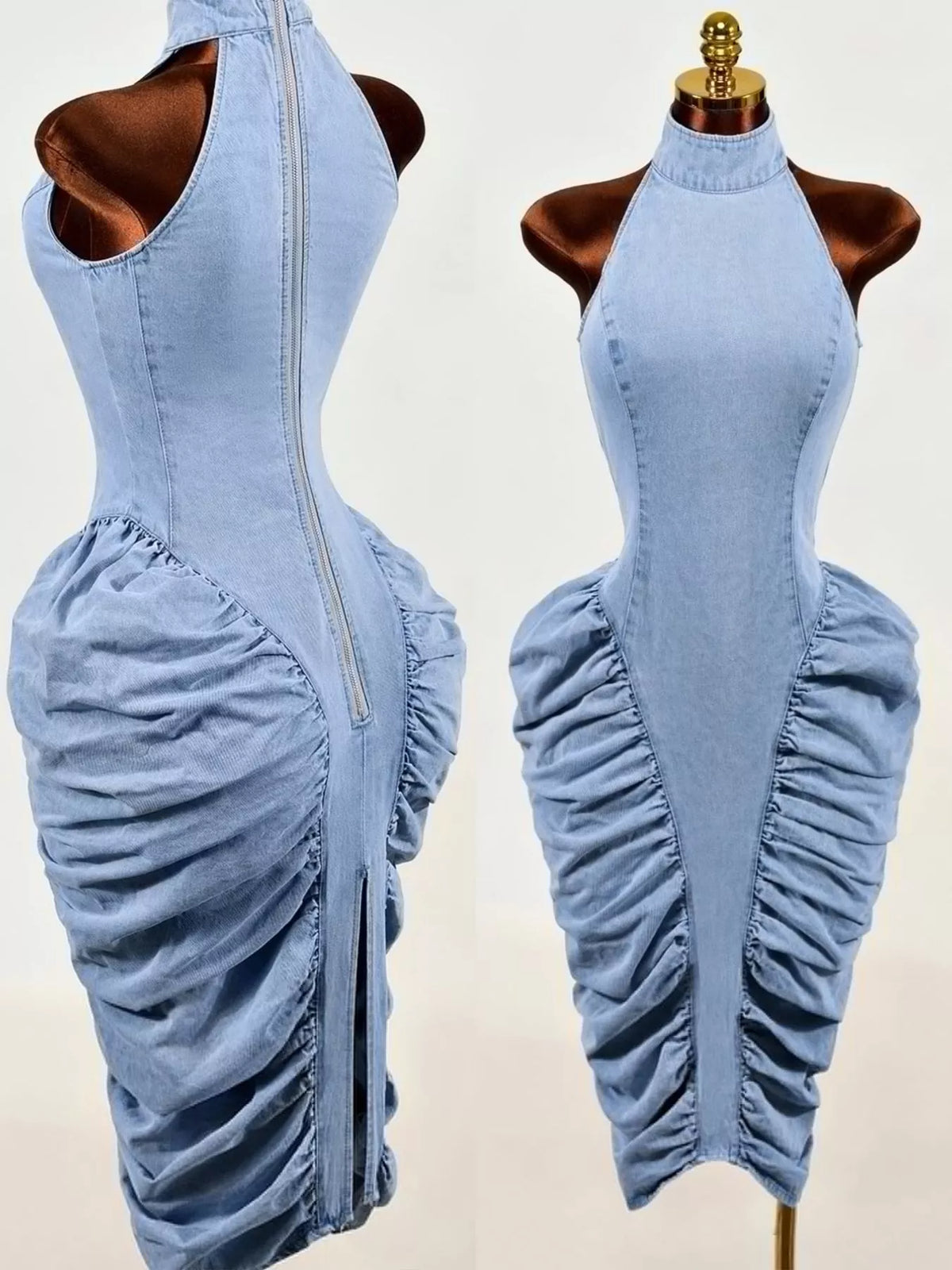 Sleeveless Mock Neck Ruched Bodycon Denim Dress - Blue - View 6