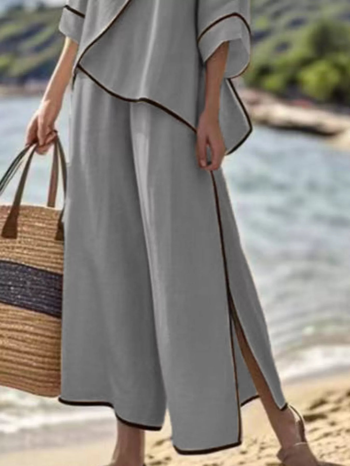 Full Size Contrast Trim Top and Wide Leg Pants Set Plus Size - Grey - View 3
