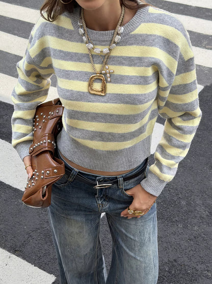Casual Striped Cropped Sweater - Yellow And Gray Stripes - View 3