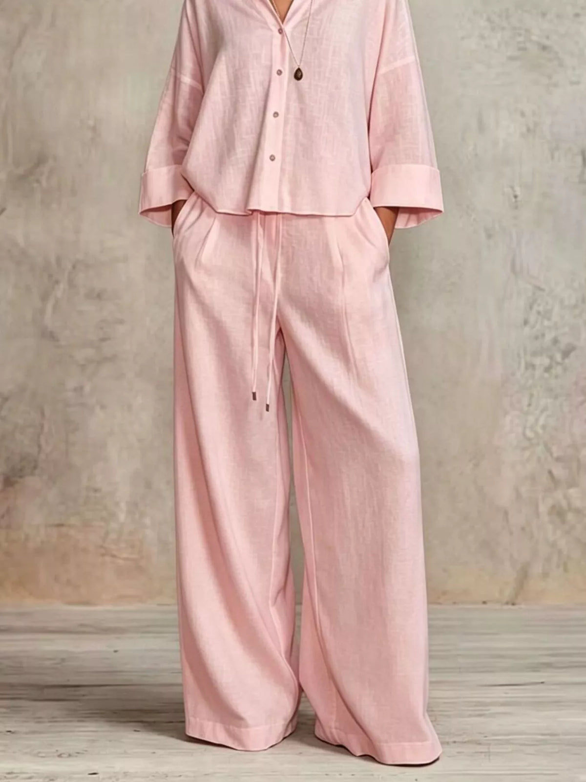 Full Size Button-Down Shirt and Wide-Leg Pants Set Plus Size - Pink - View 18