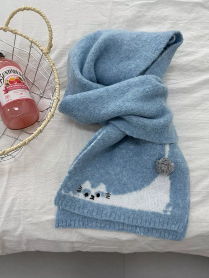 Cute Cat Knitted Scarf - Blue - View 1