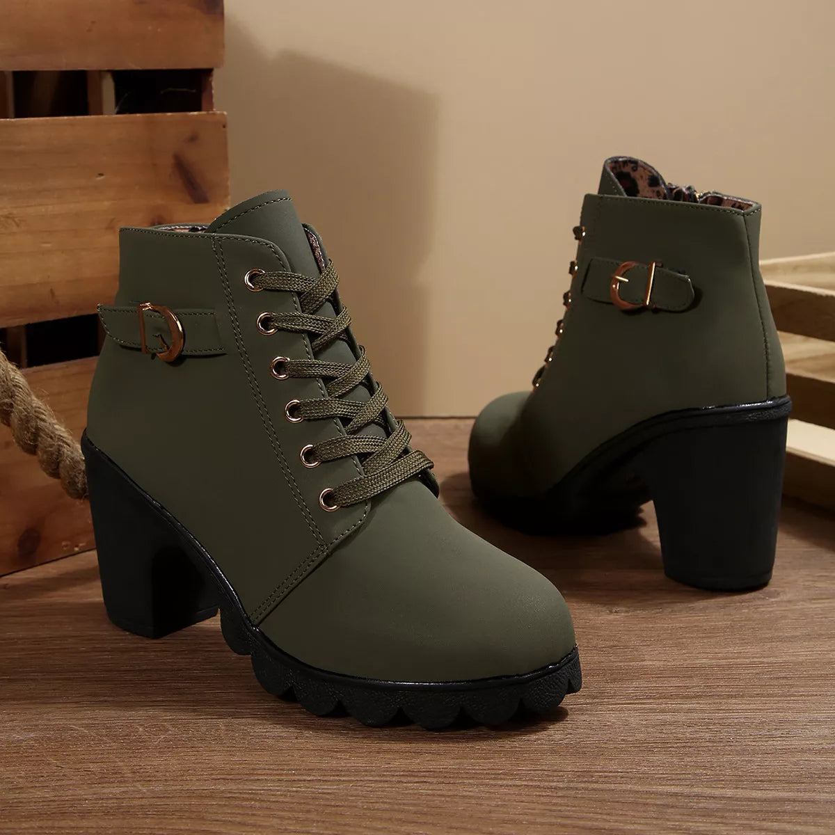 Lace Up Block Heels Boots - Green - View 20