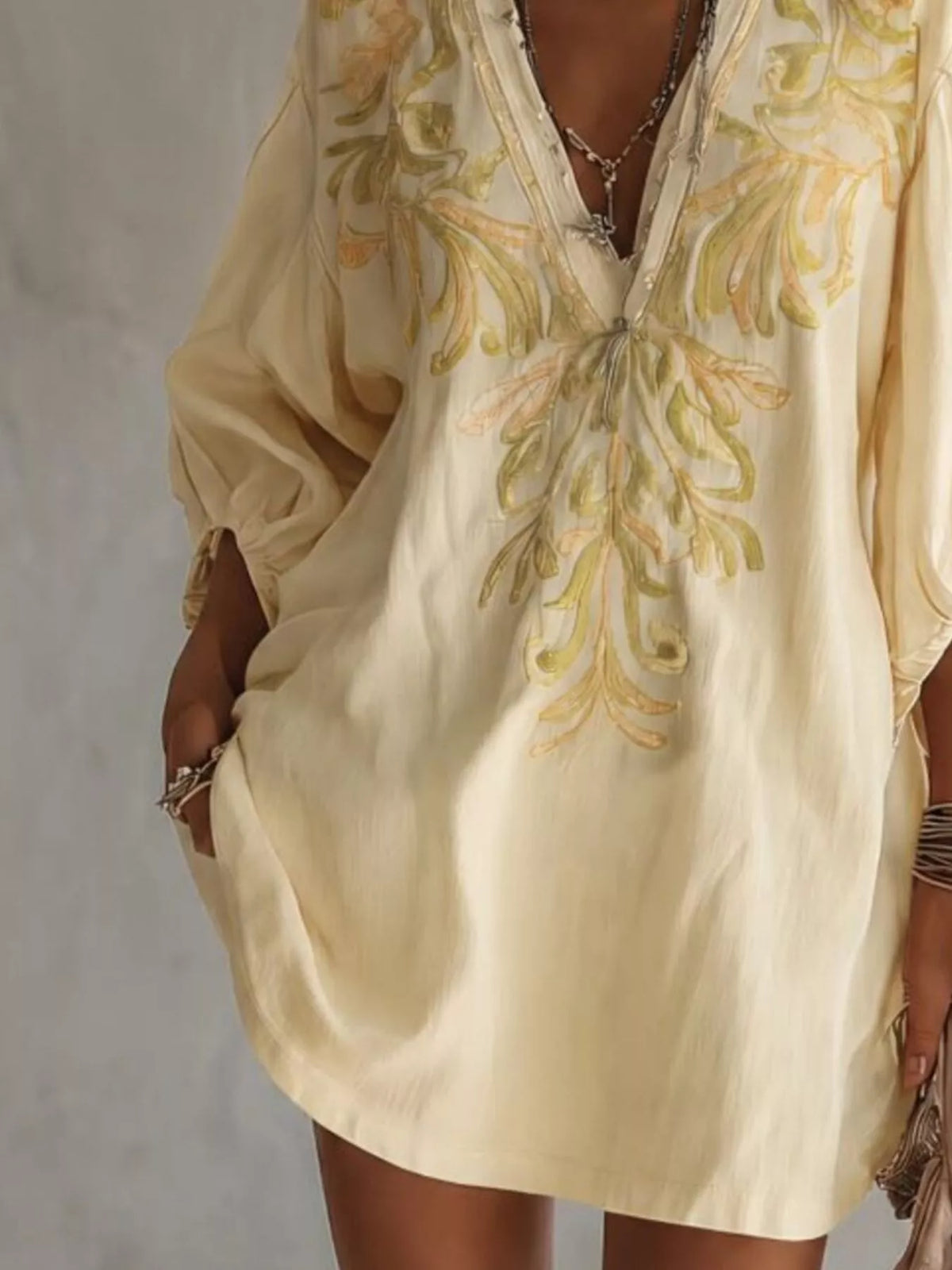 Full Size Embroidered V-Neck Mini Dress Plus Size - Pastel Yellow - View 3