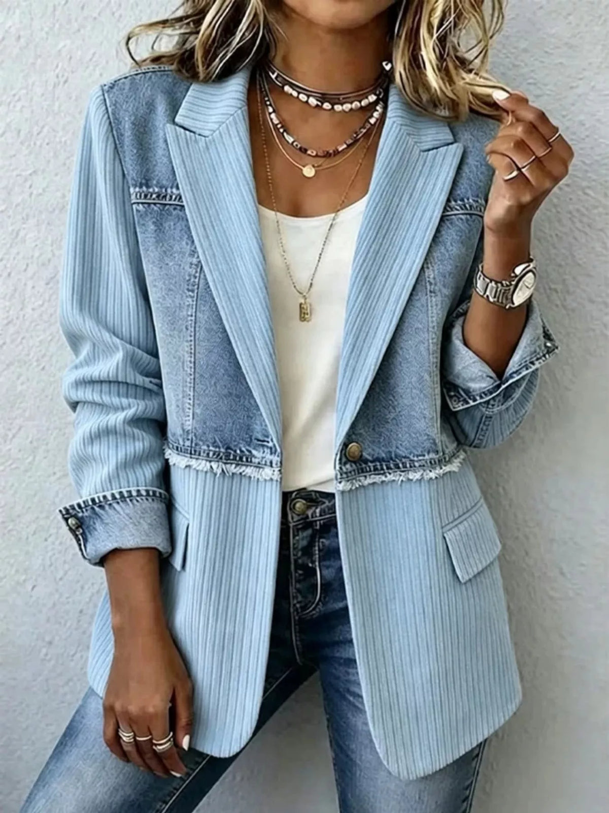 Full Size Patchwork Denim Ribbed Blazer Plus Size - Light Blue - View 1