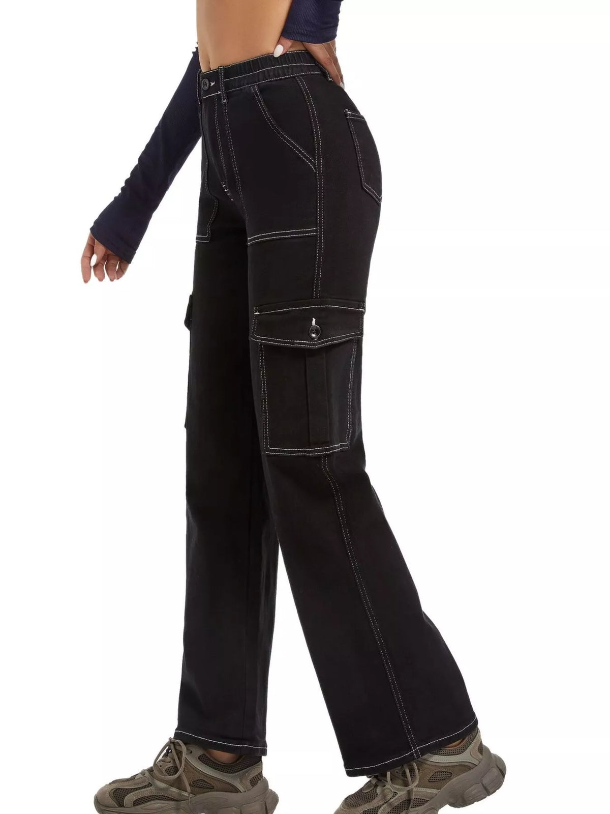 High-Waisted Cargo Jeans - Black - View 3