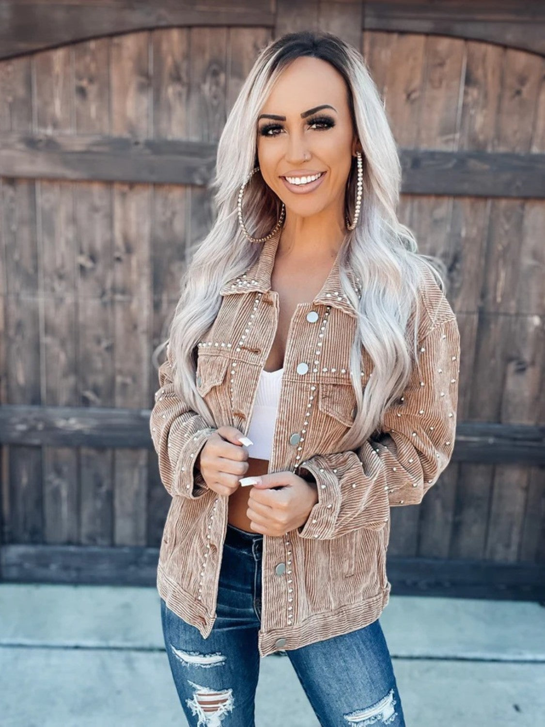 Studded Collared Neck Button Down Jacket - Tan - Styled Front View