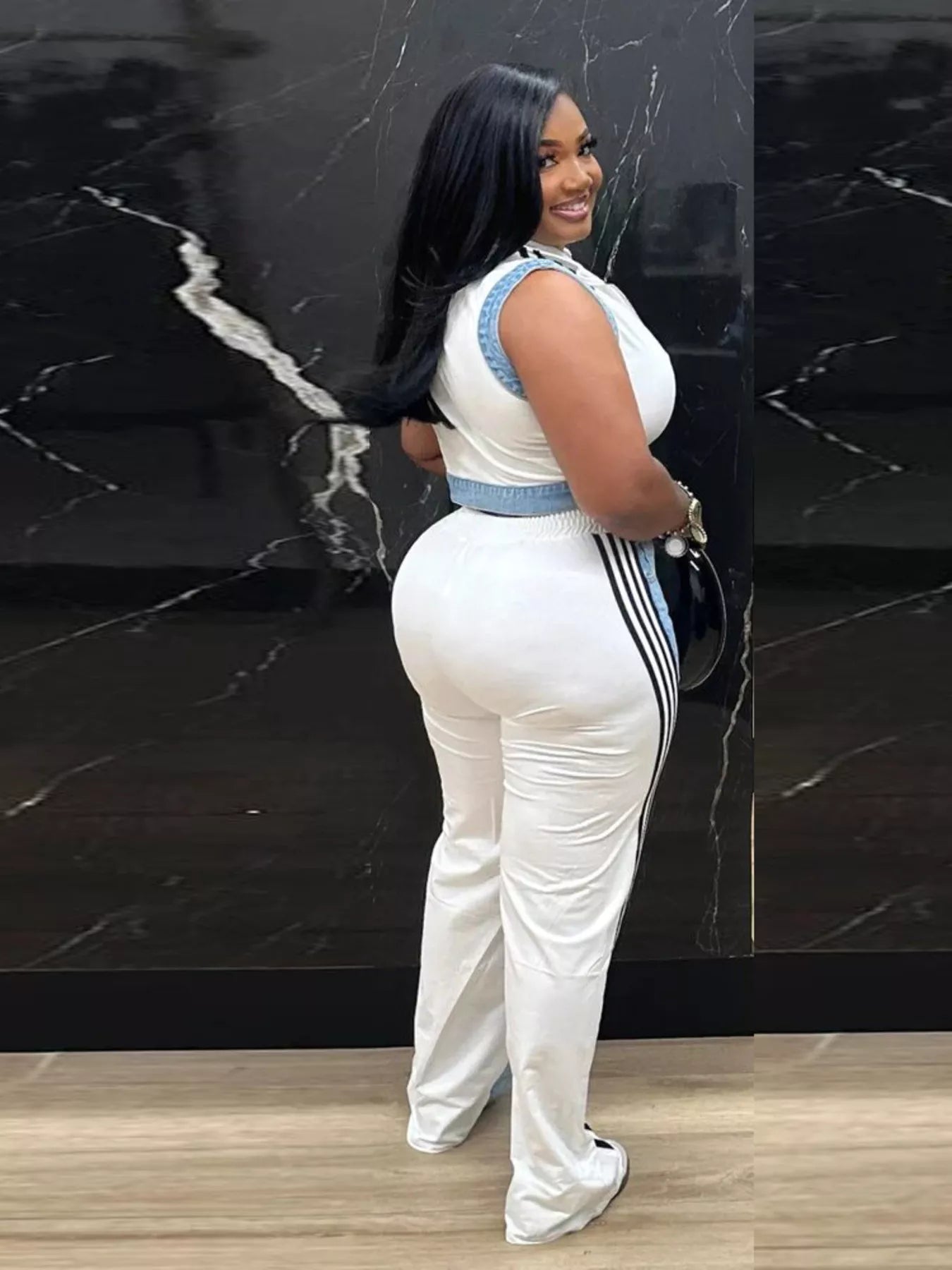 Zip Front Crop Top and Striped Pants Set - White - Styled Rear View