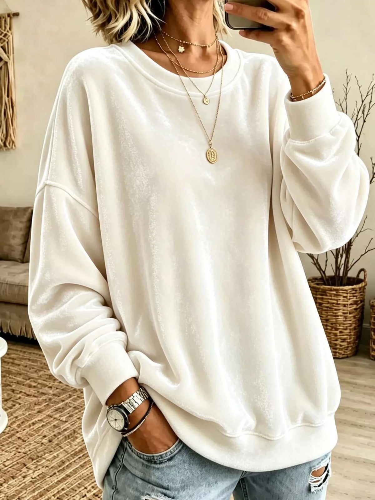 Full Size Solid Color Crew Neck Sweatshirt Plus Size - White - View 1