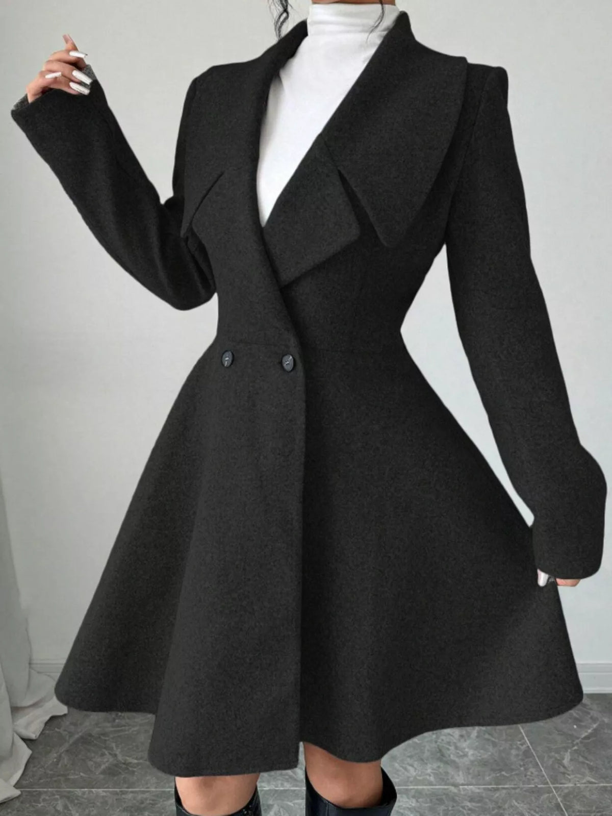 Double-Breasted Long Sleeve Outerwear - Black - View 1