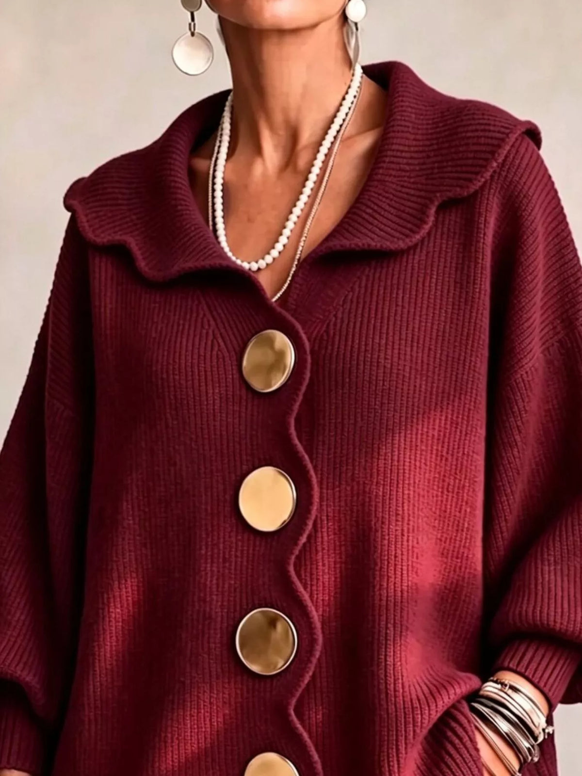 Full Size Scalloped-Edge Button-Down Cardigan Plus Size - Burgundy - View 2