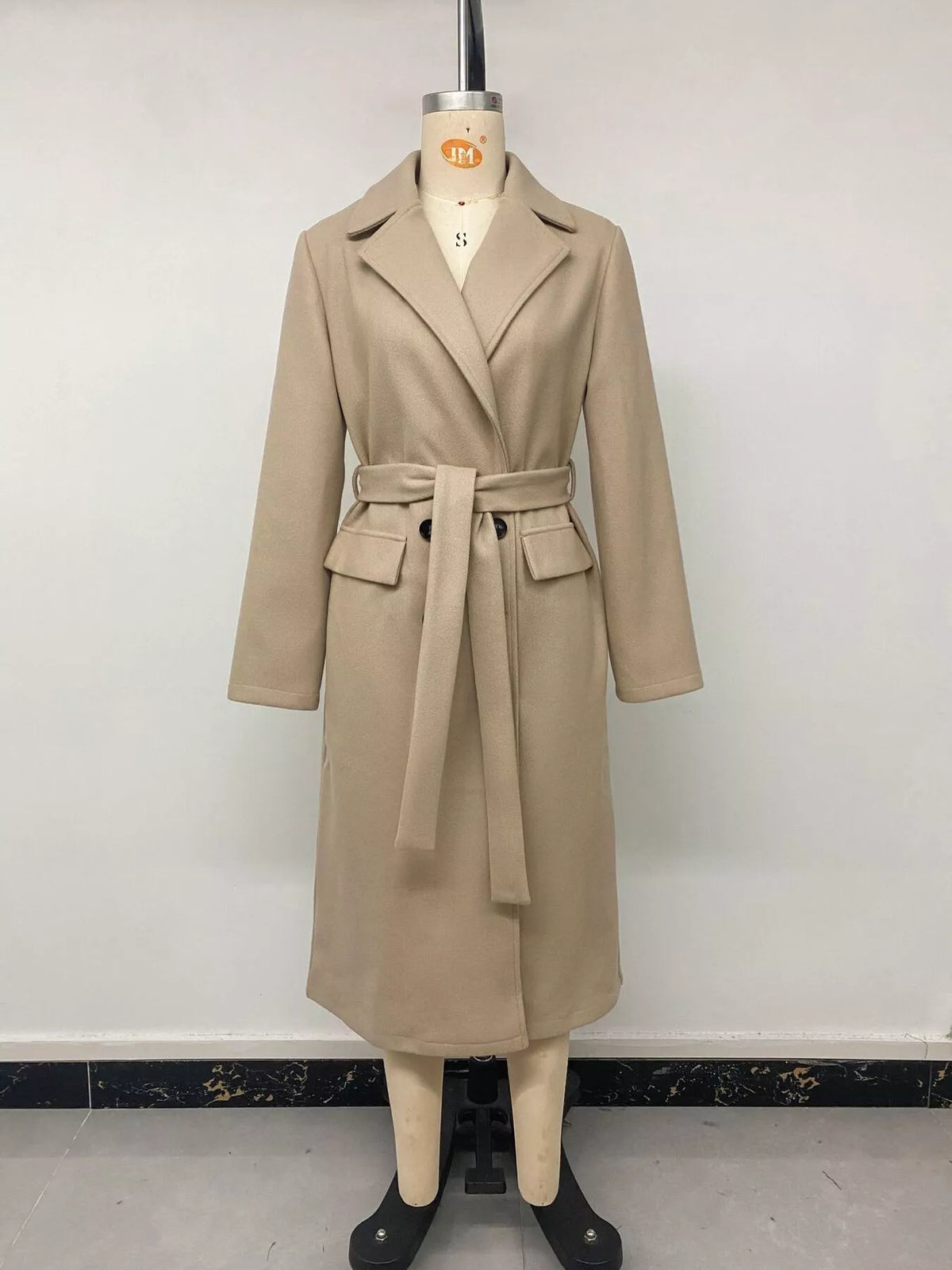 Double-Breasted Lapel Collar Longline Coat - Khaki - View 9