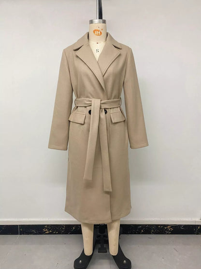 Double-Breasted Lapel Collar Longline Coat - Khaki - View 9