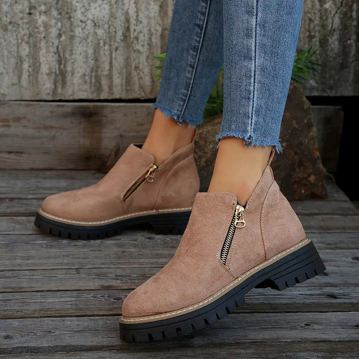 Ankle Boots with Zipper Detail - Pink - View 4