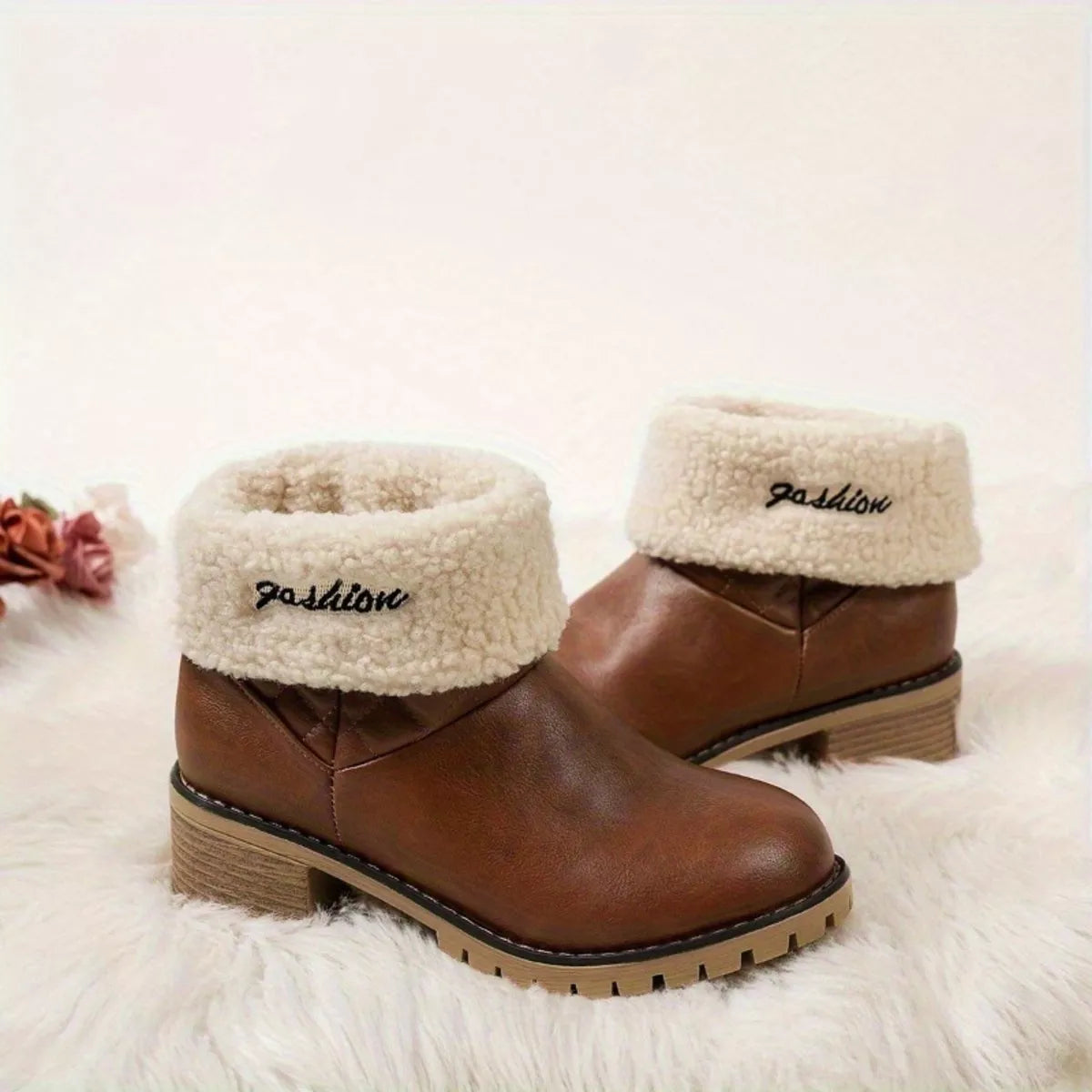 Round Toe Block Heels Boots - Brown - View 2