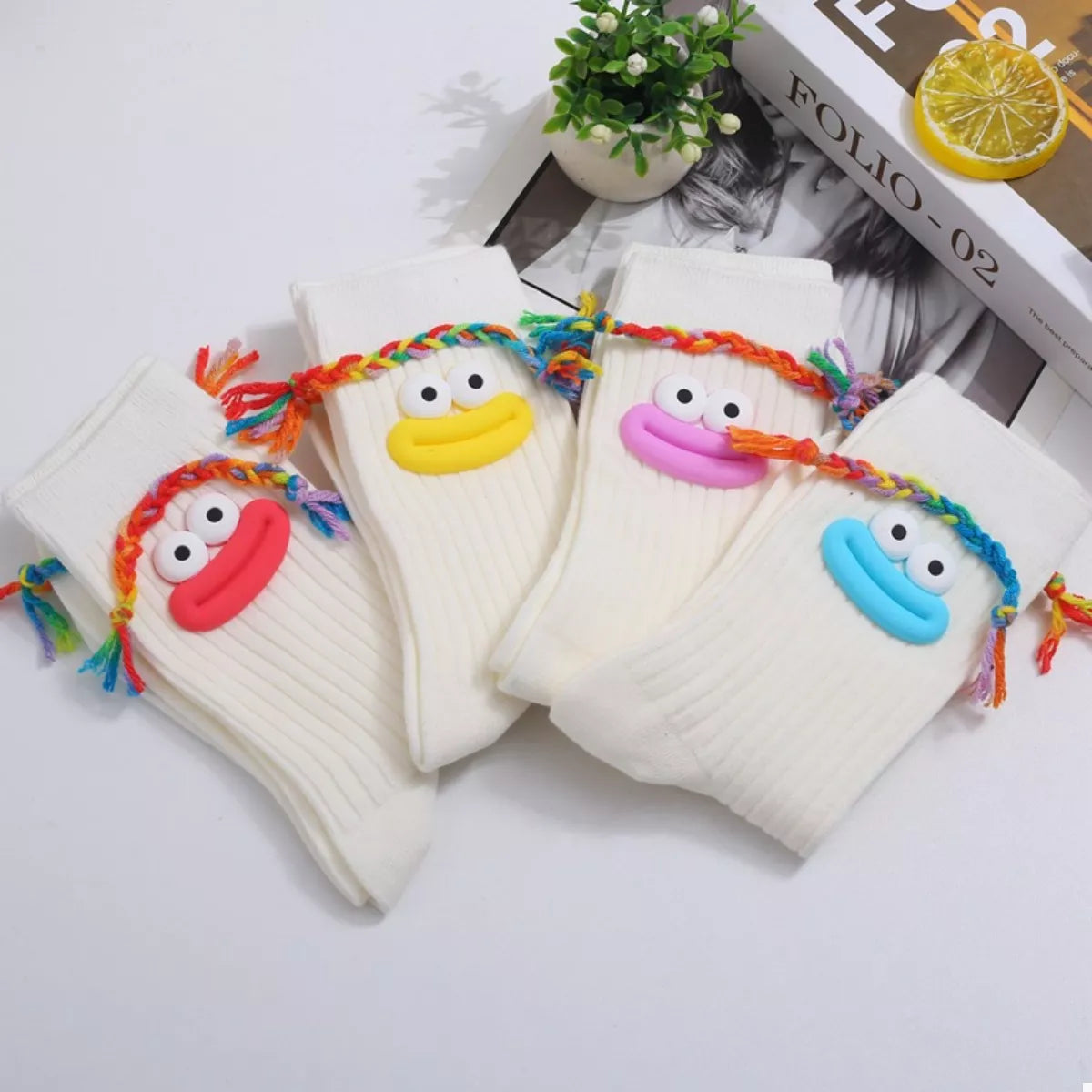 Cartoon Ribbed Knit Crew Socks - White B