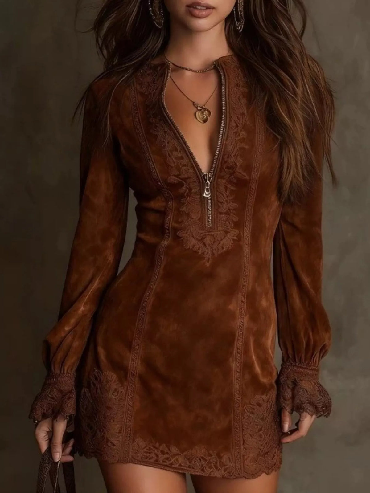 Full Size Zip-Front Long Sleeve Mini Dress Plus Size - Dark Brown - View 1