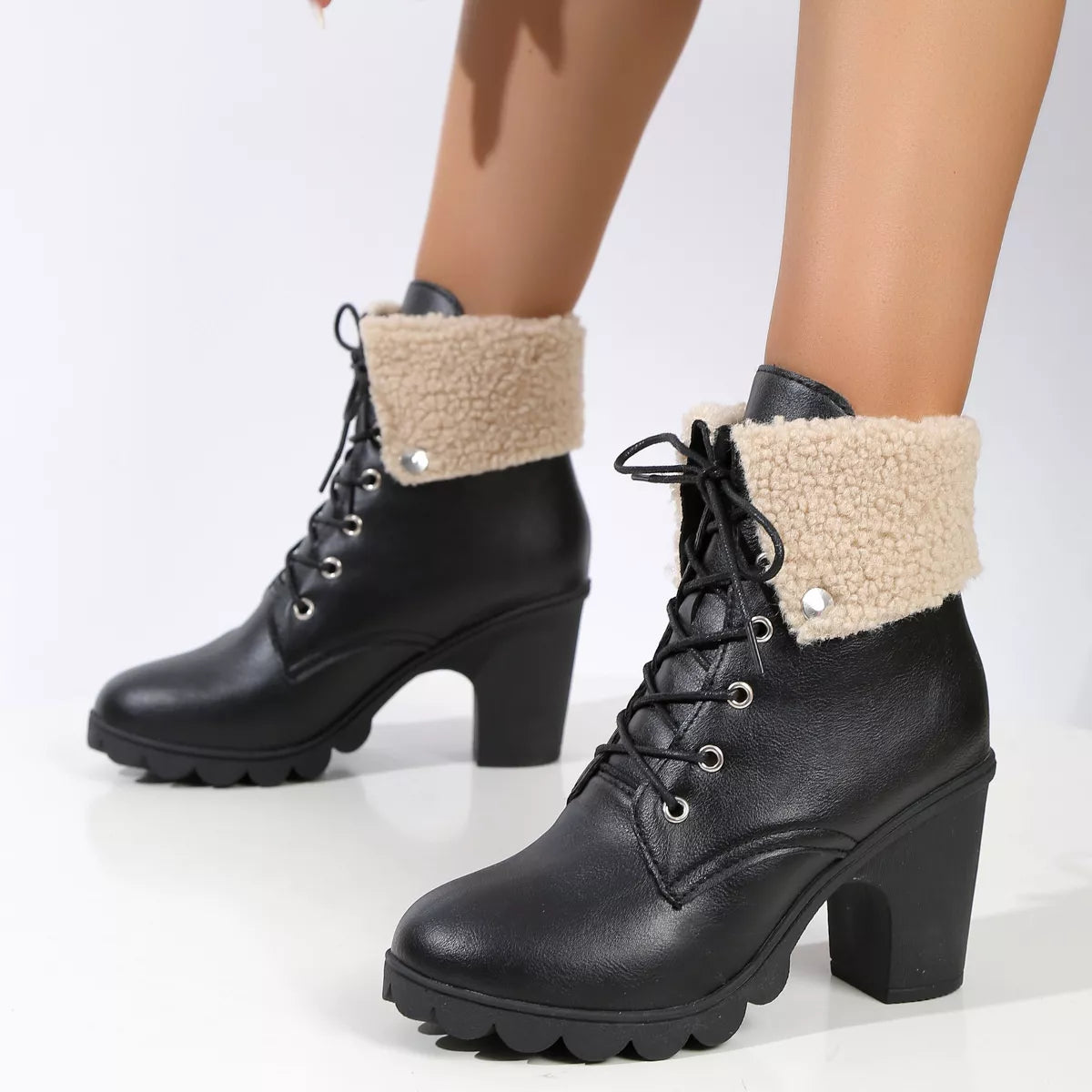 Lace Up Block Heels Boots - Black - View 6