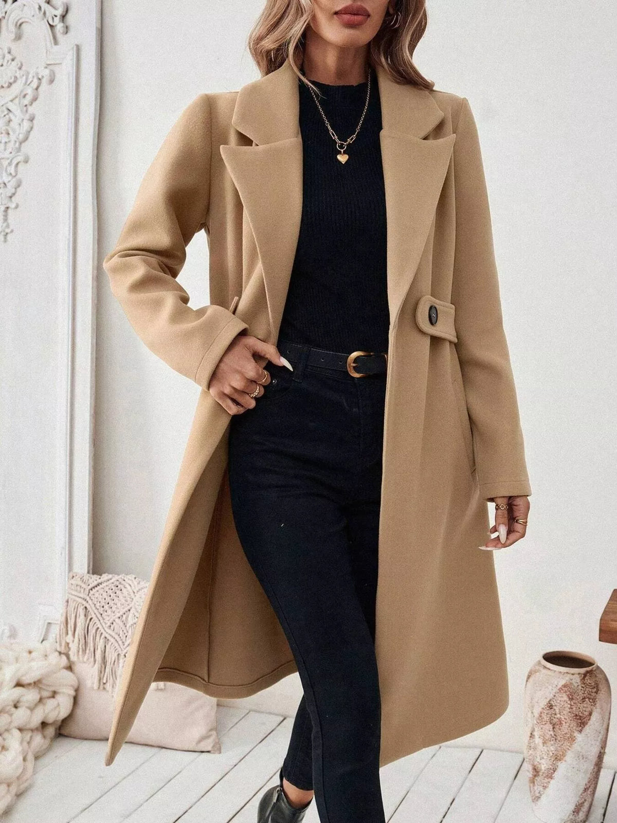 Lapel Collar Longline Coat - Camel - View 1