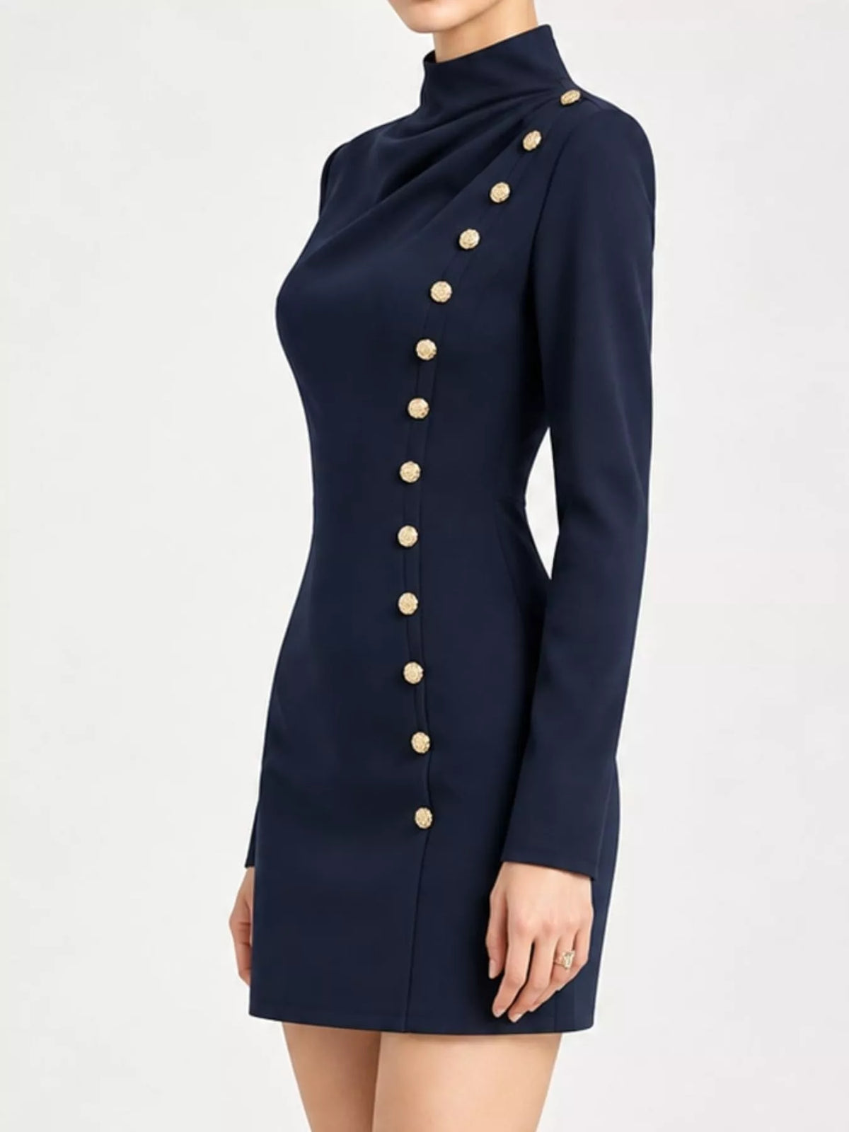 Full Size Decorative Button Mock Neck Mini Dress Plus Size - Navy - View 14