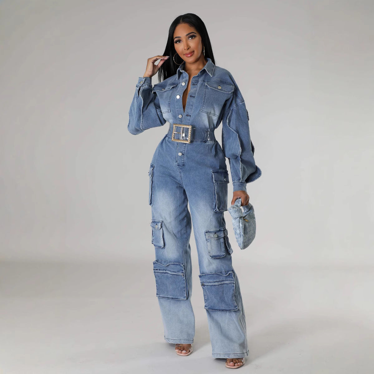 Long sleeved multi pocket wide leg pants