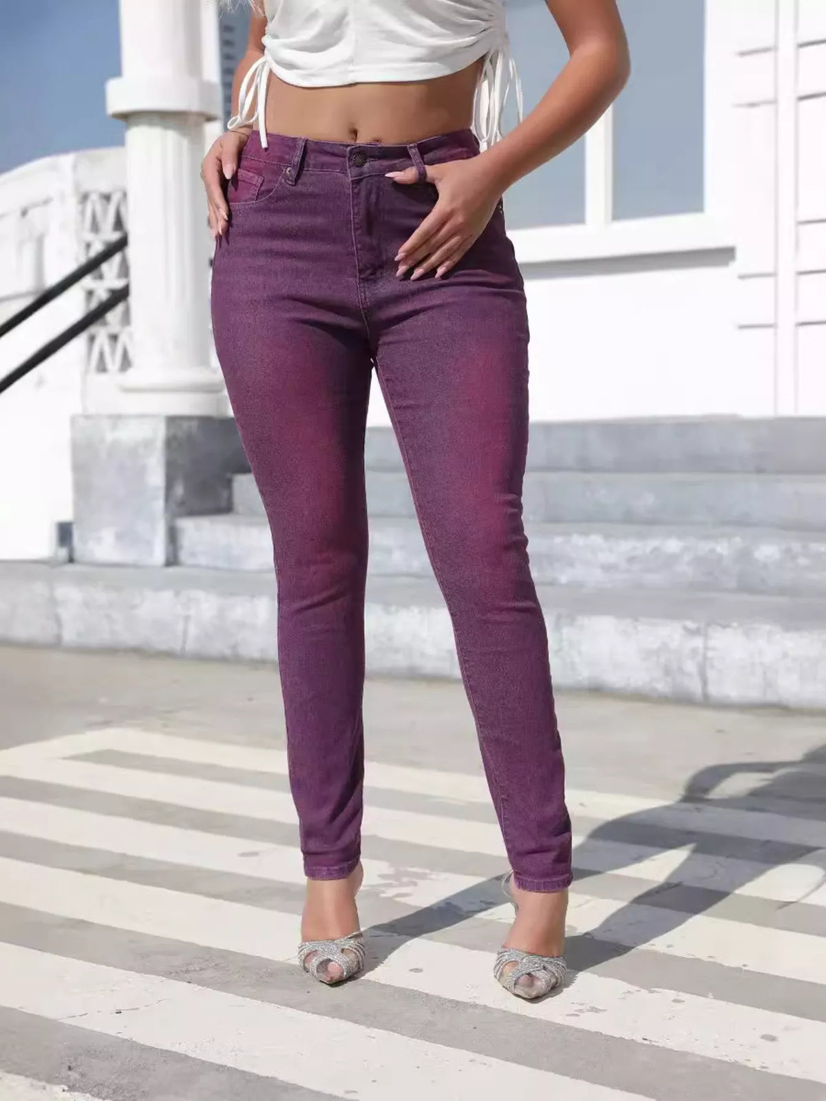 High-Waisted Slim-Fit Jeans - Purple - View 1