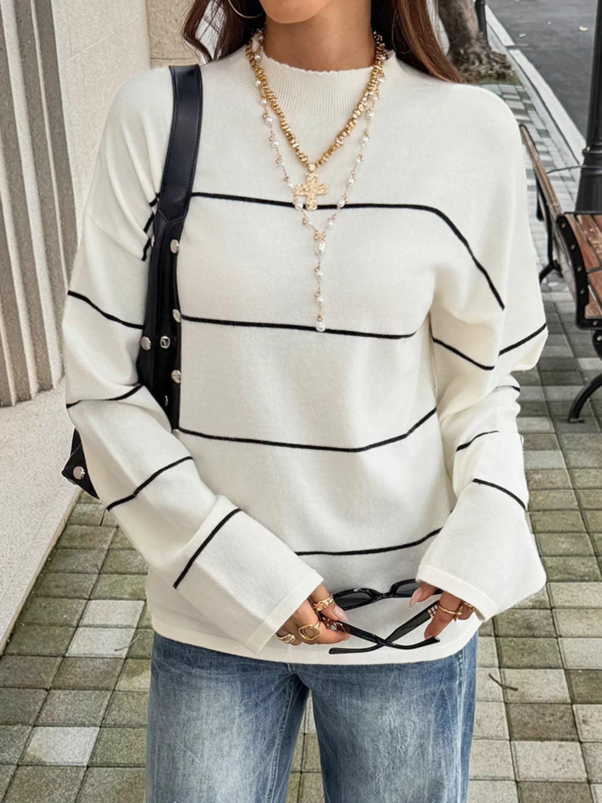 Striped Mock Neck Sweater - Black And White Stripes - View 3
