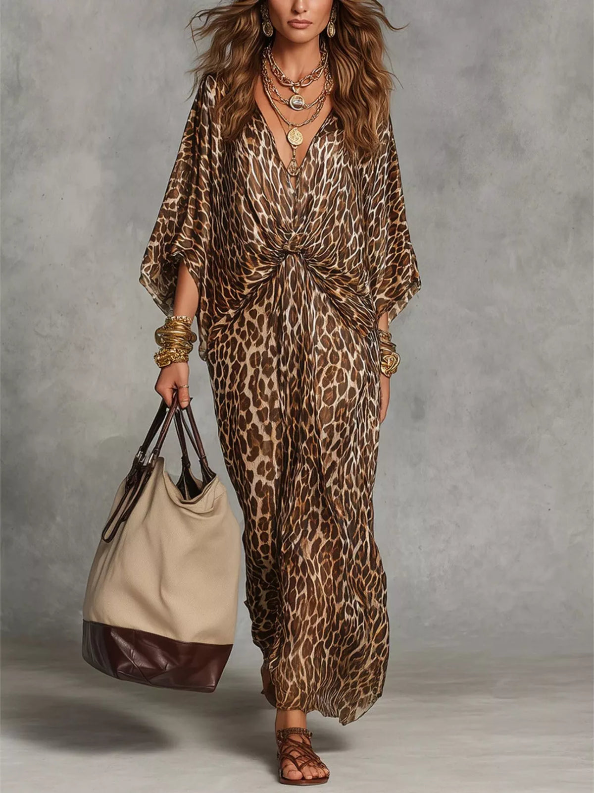 Leopard Print V-Neck Maxi Dress - Leopard - View 1