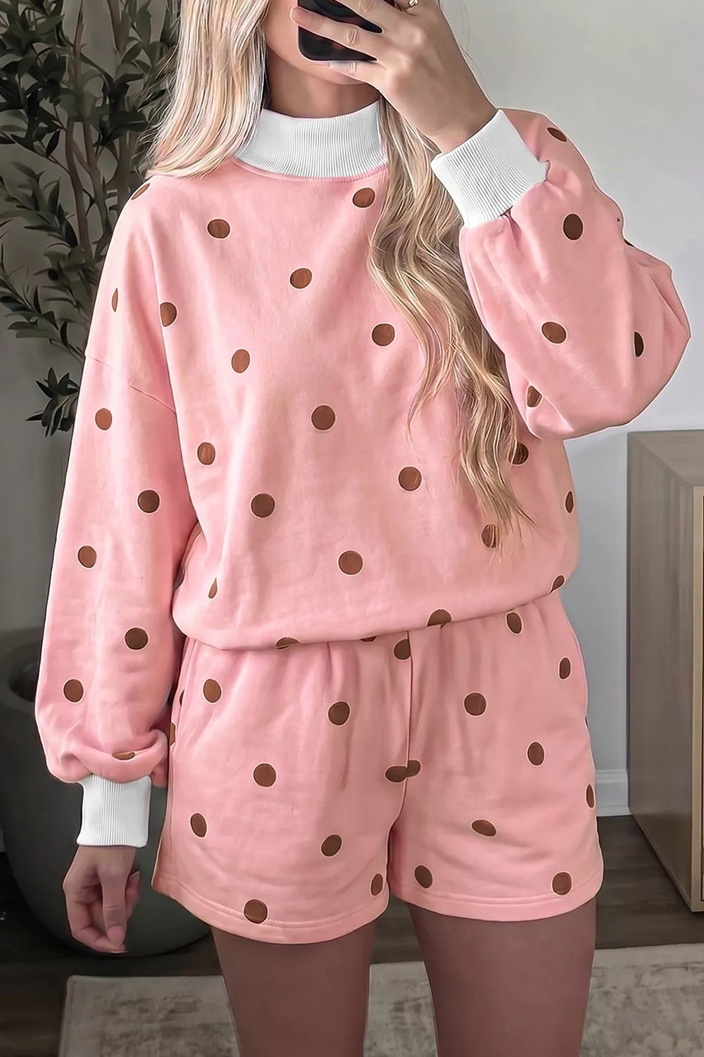 Polka Dot Long Sleeve Sweatshirt and Shorts Lounge Set - Pale Blush - View 1