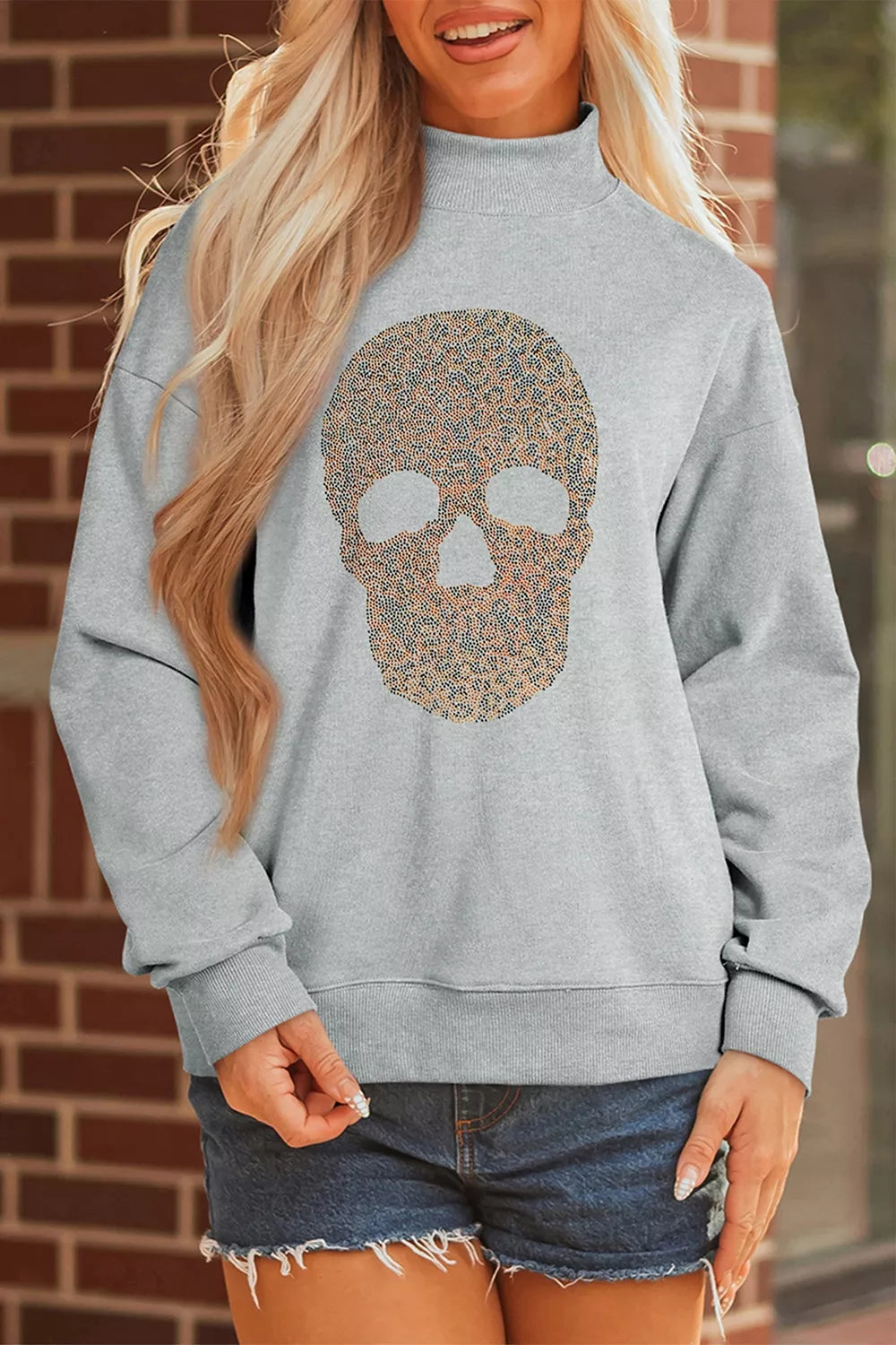 Halloween Rhinestone Skull Graphic Mock Neck Baggy Pullover Sweatshirt - Gray - View 5