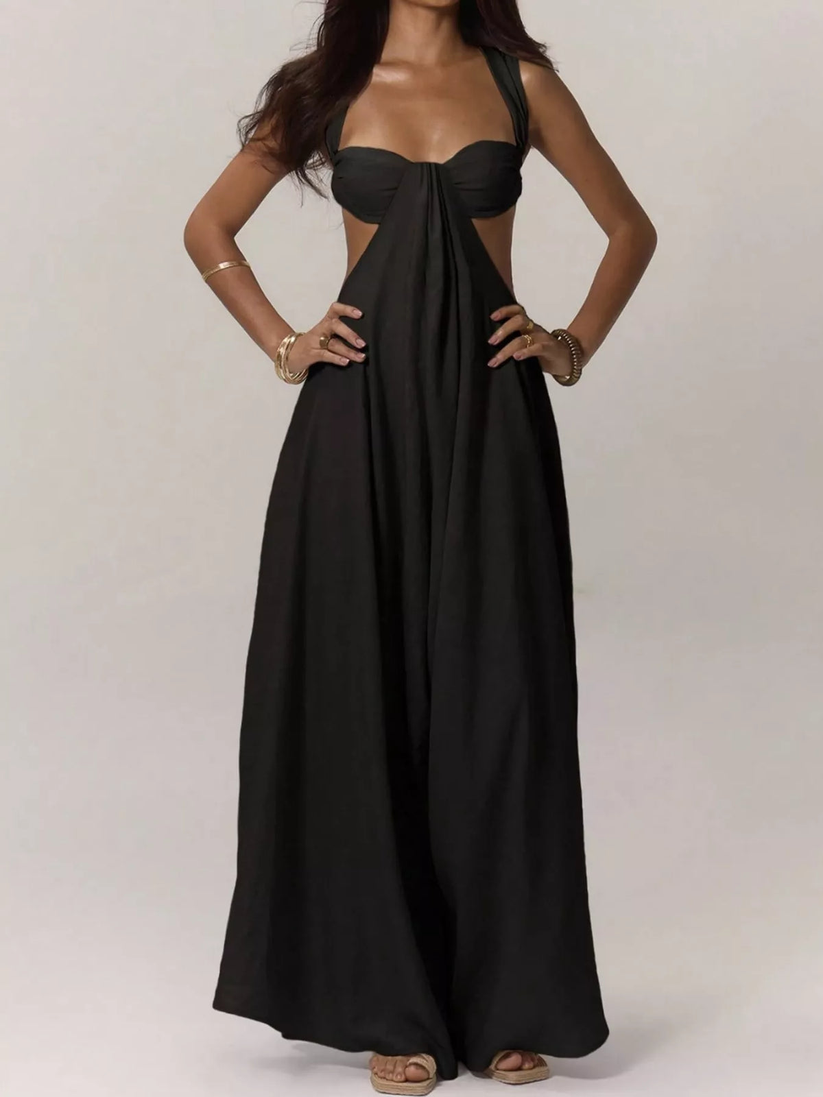 Backless Wide-Leg Jumpsuit with Cut-out Detail - Black - View 7