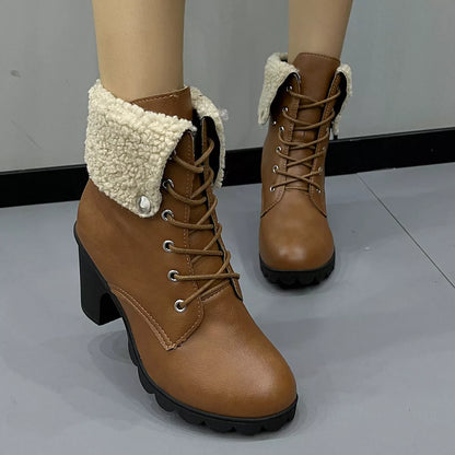Lace Up Block Heels Boots - Light Brown - View 5