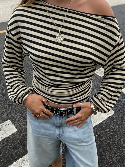 One Shoulder Striped Long Sleeve Slim-Fit T-Shirt - Black Apricot Color - View 3