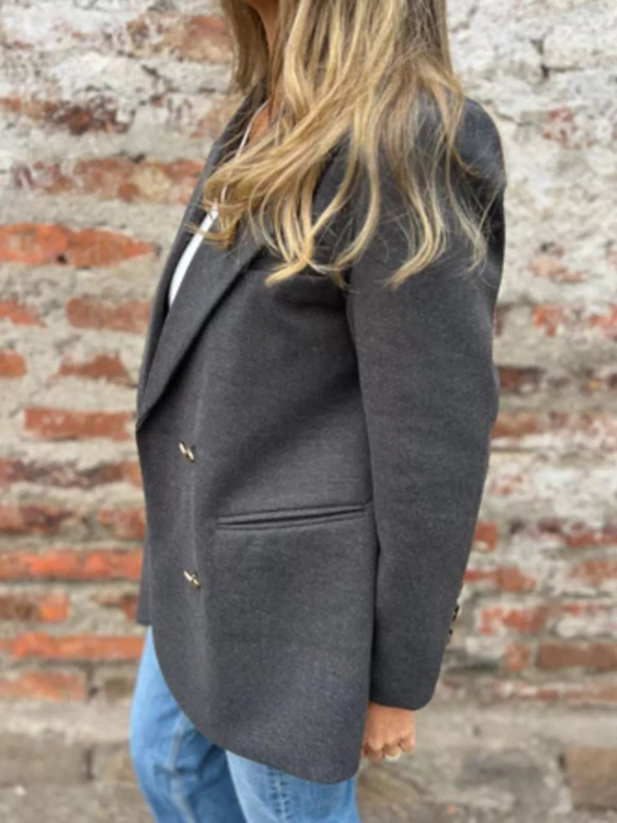 Full Size Double Breasted Long Sleeve Blazer Plus Size - Dark Gray - View 10