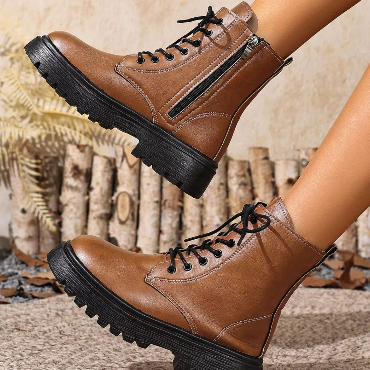 Round Toe Block Heels Boots - Brown - View 6