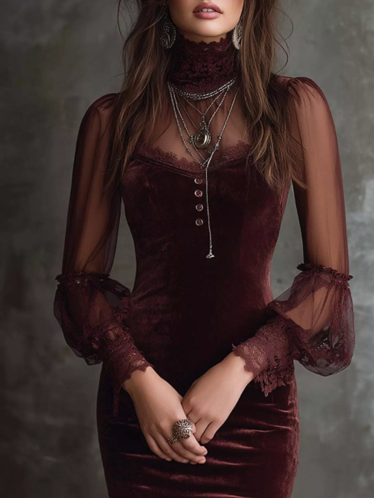Full Size Velvet Sheer Long Sleeve Bodycon Dress Plus Size - Wine Red - View 2