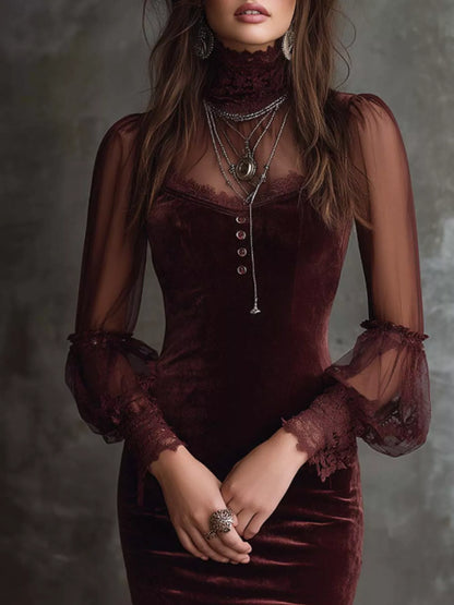Full Size Velvet Sheer Long Sleeve Bodycon Dress Plus Size - Wine Red - View 2