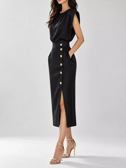 Sleeveless Midi Dress with Gold Button Detail and Side Slit - Black - View 2