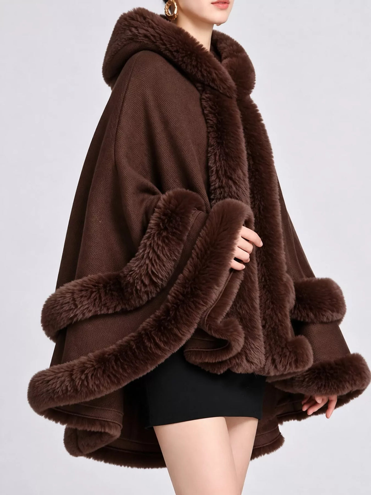 Faux Fur Trimmed Hooded Cape - Coffee - View 55