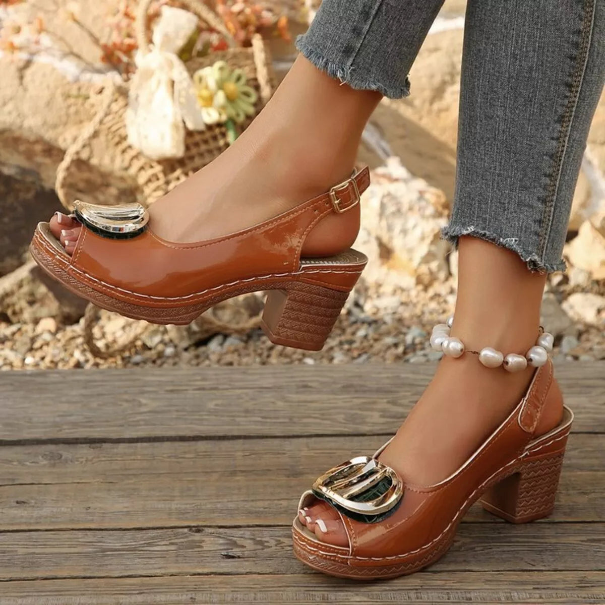 Peep Toe Block Heels Sandals - Brown - View 3