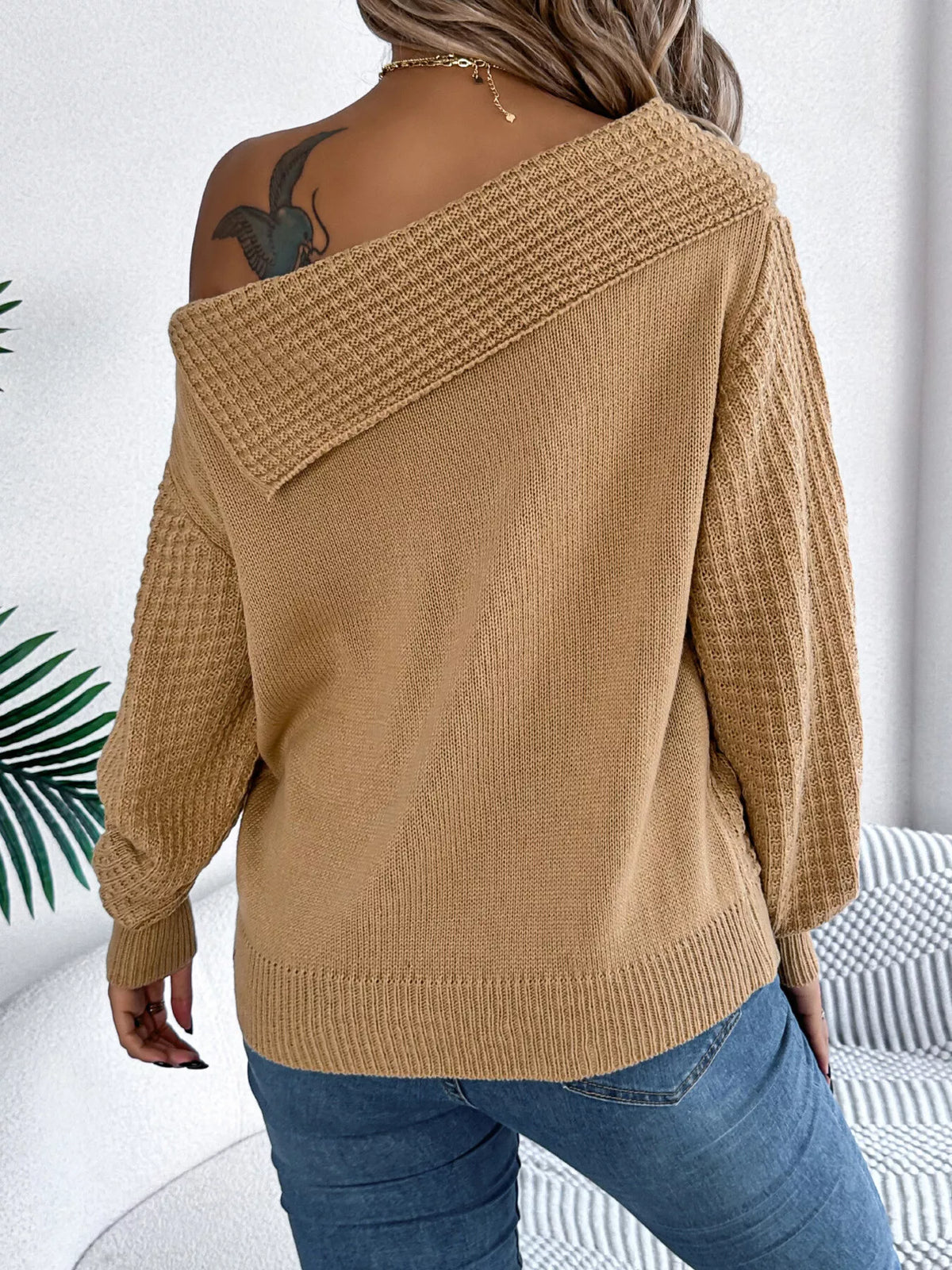 One Shoulder Cable Knit Sweater - Camel - View 2